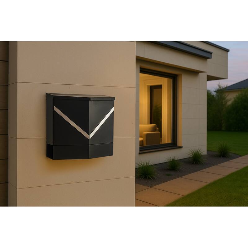Modern Outdoor Black Metal Secure Locking Wall-Mount Mailbox With Stainless Steel V-Shape Futuristic Design For Home or Office