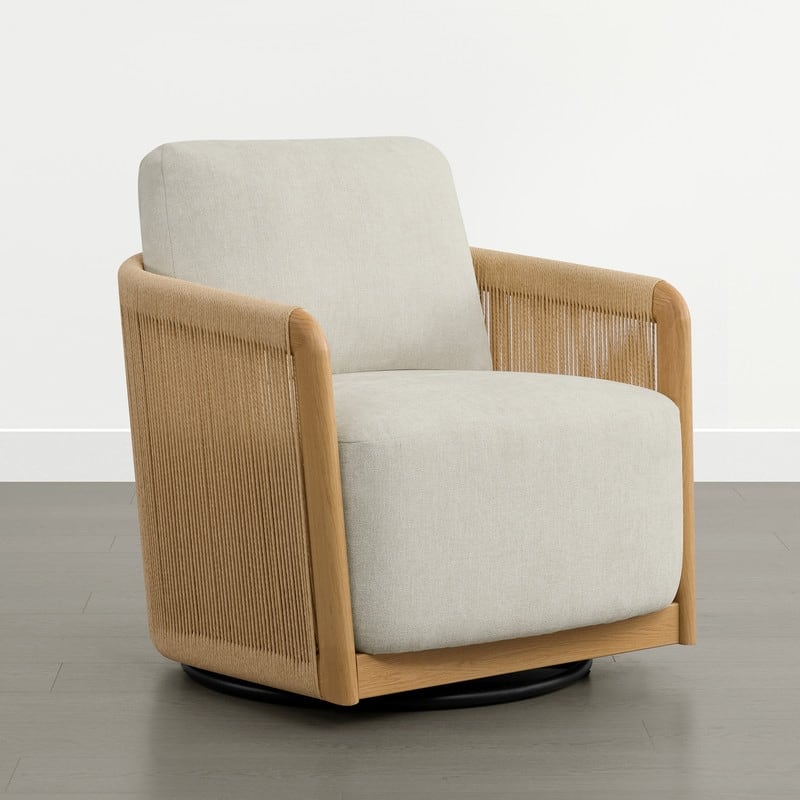 Spruce & Spring Boho Braid Swivel Accent Chair with Woven Paper Rope Armrests&Wood-Look Metal Frame