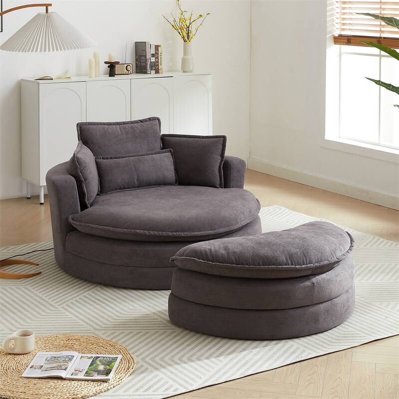 52" Swivel Fabric Big Round Chair with Storage Ottoman and Pillows
