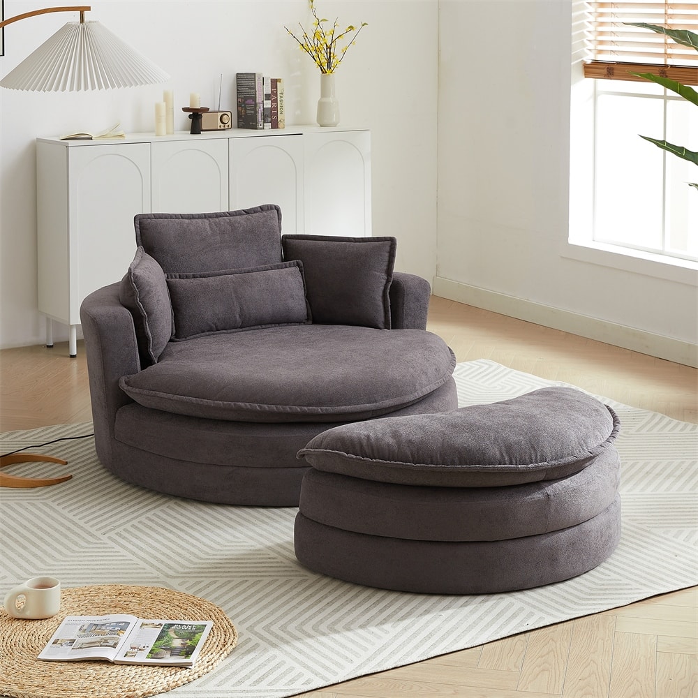 Modern Swivel Accent Barrel Chair with Storage Ottoman Chenille Fabric