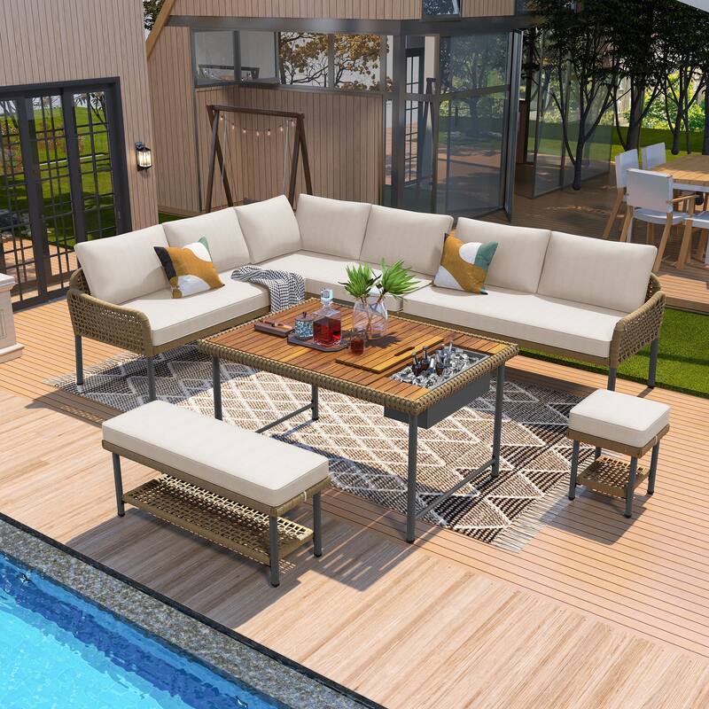 6-Piece Rope Patio Furniture L-Shaped Set, Outdoor Sectional Sofa Set with Acacia Wood Table with Ice Box - Beige