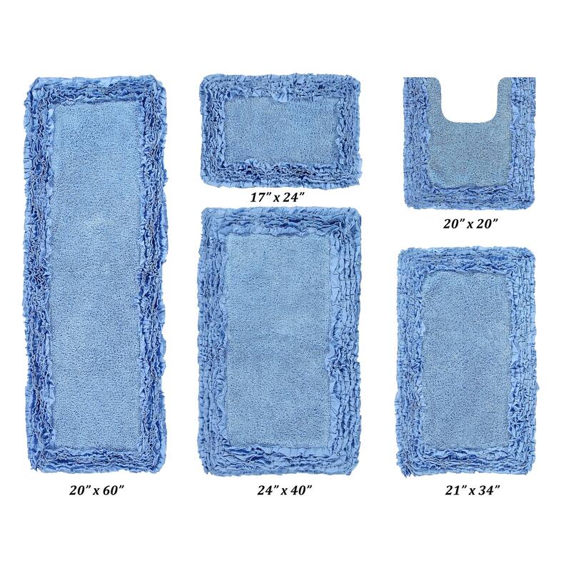Better Trends Shaggy Border Collection Bathroom Rug -100% Cotton Tufted, Non-Skid Spray Latex Backing, Machine Washable Bath Mat - 5 PC Set 17"x24"|20"x20"|21"x34"|24"x40"|20"x60" - Blue