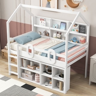 Twin Size House Loft Bed with Multiple Storage Shelves and Full-Length ...