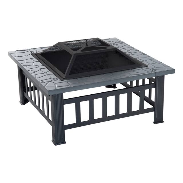 Outsunny 32" Steel Square Outdoor Patio Wood Burning Fire Pit Table Top Set