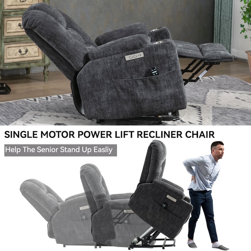 Modern Power Lift Recliner Chair Heat Massage Chair Upholstery Single Sofa with Dual USB Ports and Cup Holders