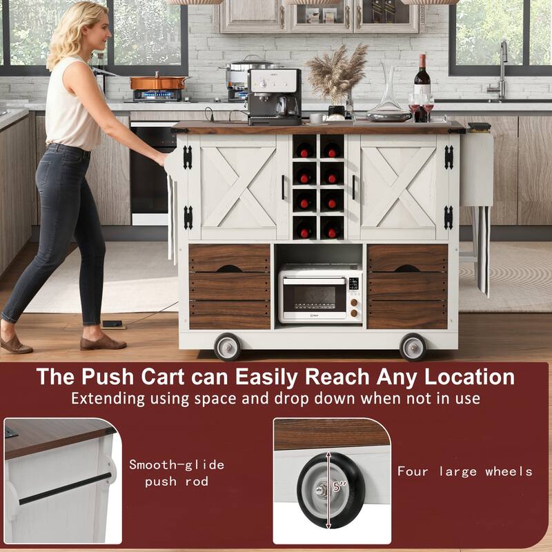 54"Kitchen Island Rolling Kitchen Island on 4 Wheels w/Foldable Wood Tabletop, Power Outlet Kitchen Storage Cart for Dining Room