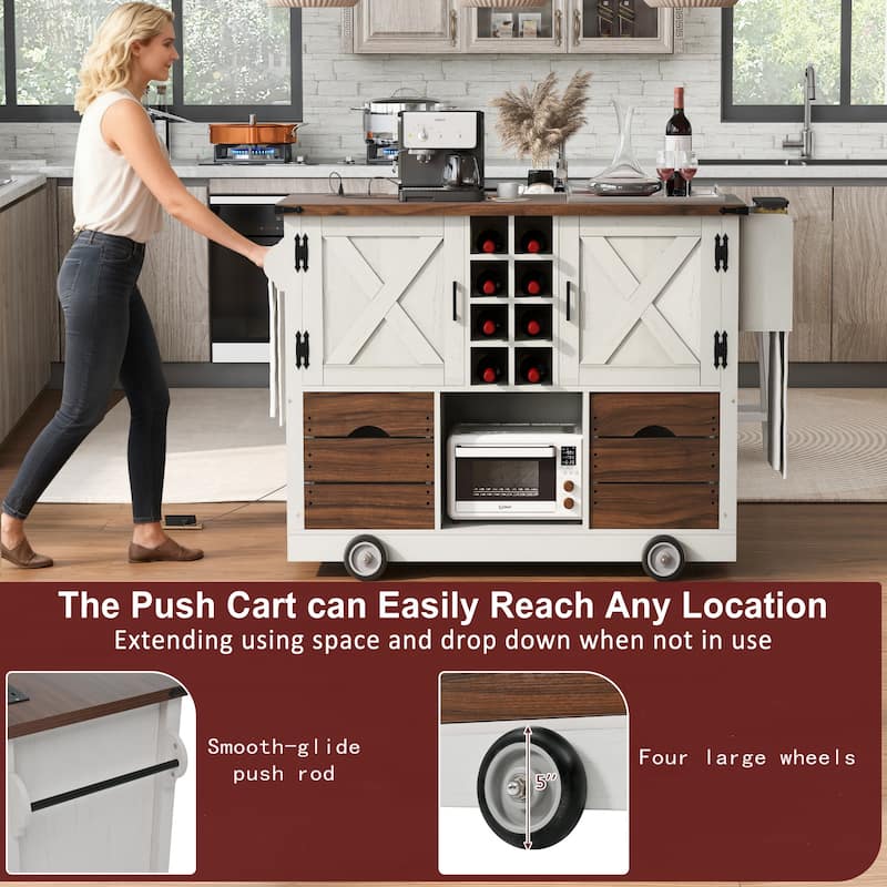 Kitchen Island with Drop Leaf, 2 Doors & 2 Drawers, Rolling Kitchen Island on 4 Wheels, Kitchen Storage Cart with Power Outlet