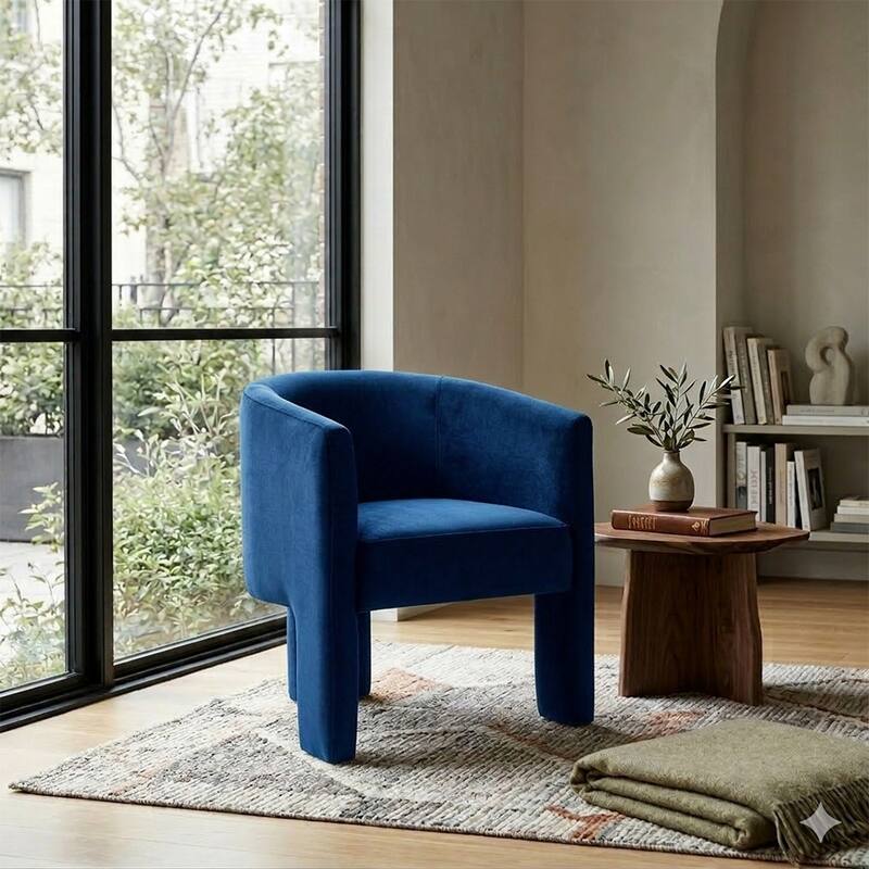 SEYNAR Modern Velvet Accent Chair, Upholstered Barrel Chair with Unique Solid Base for Living Room Soft Club Chair - Blue