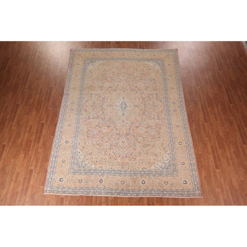 Traditional Mashad Persian Vintage Area Rug Hand-Knotted Wool Carpet - 9'4"x 12'5"