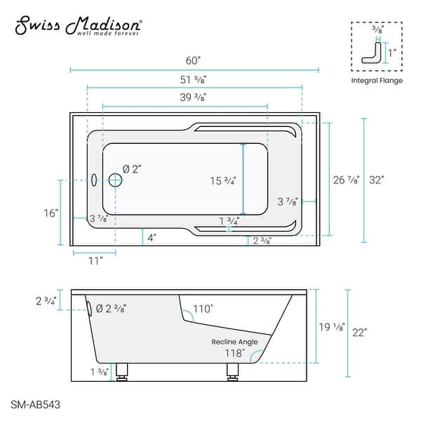 dimension image slide 15 of 20, Swiss Madison Voltaire, Acrylic White, Alcove, Integral Armrest, Bathtub with Apron
