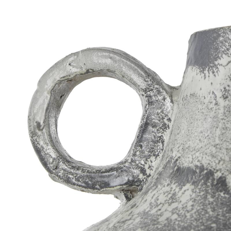 Light Gray Paper Mache Distressed Fluted Decorative Vase with Light Gray Texturing and Ring Handle