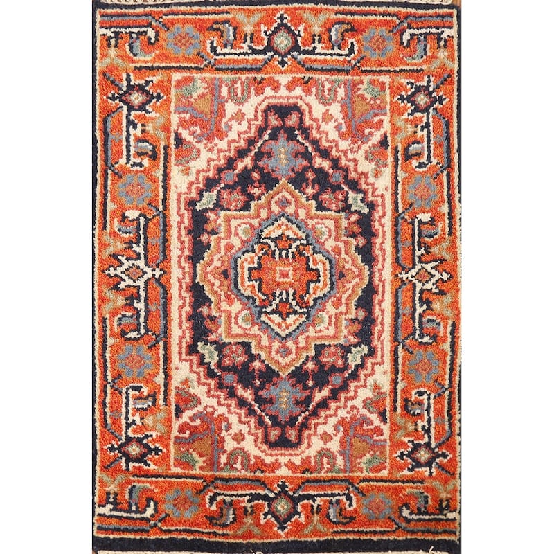 Hand Knotted Oriental 100% Wool Carpet Traditional Medallion Navy Blue & Blues Heriz (serapi) Area Rug - 3' 0'' X 2' 0''