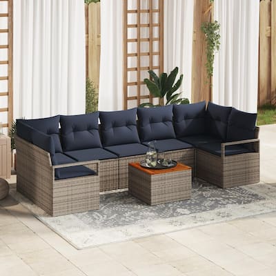 vidaXL 8 Garden Sofa Set with Cushions Black/Grey Poly Rattan - 113.8 x 48 x 27.2