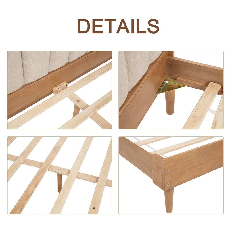 Queen Size Wood Bed with Piano Key Style Upholstered Headboard