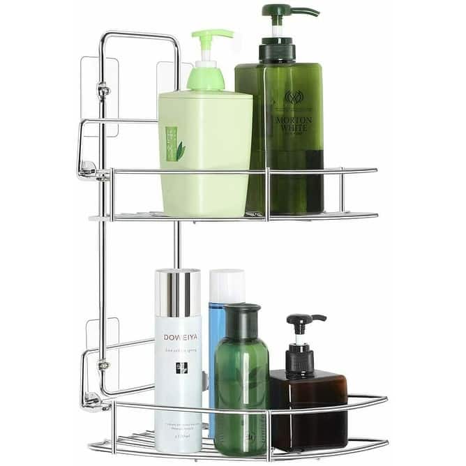 2 Tier Bathroom Shelf Storage Wall Mounted Organizer Removable Basket - Silver