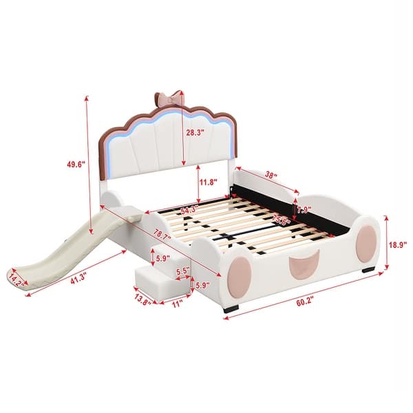 Full Size PU Upholstered Platform Bed with Seashell Shaped Headboard, LED Light and Slide, Wood Kids Bed Frame, Pink+White