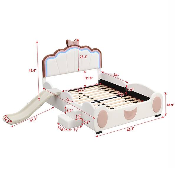 Full Size Upholstered Platform Bed with Cartoon Headboard & Footboard, Mini Ladder & Children's Slide, LED Light, Pocket, White