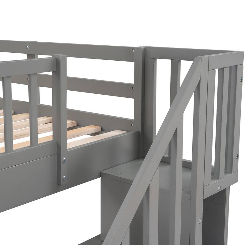 Multi-Functional Twin Over Twin Bunk Bed with 3 Drawers, Storage Stairs, Armrest and Full-Length Guardrails for Kids
