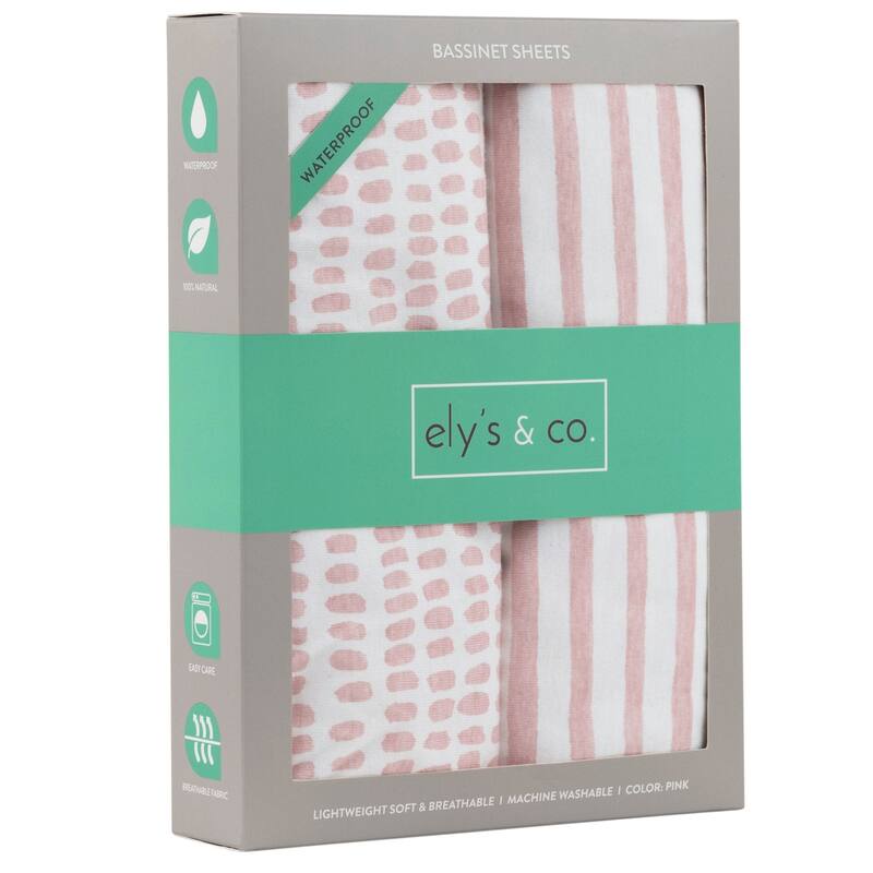Ely's & Co. Baby Fitted Waterproof Bassinet Sheet Set - 2 Pack - 32" x 16" - Mauve Pink Stripes & Splash