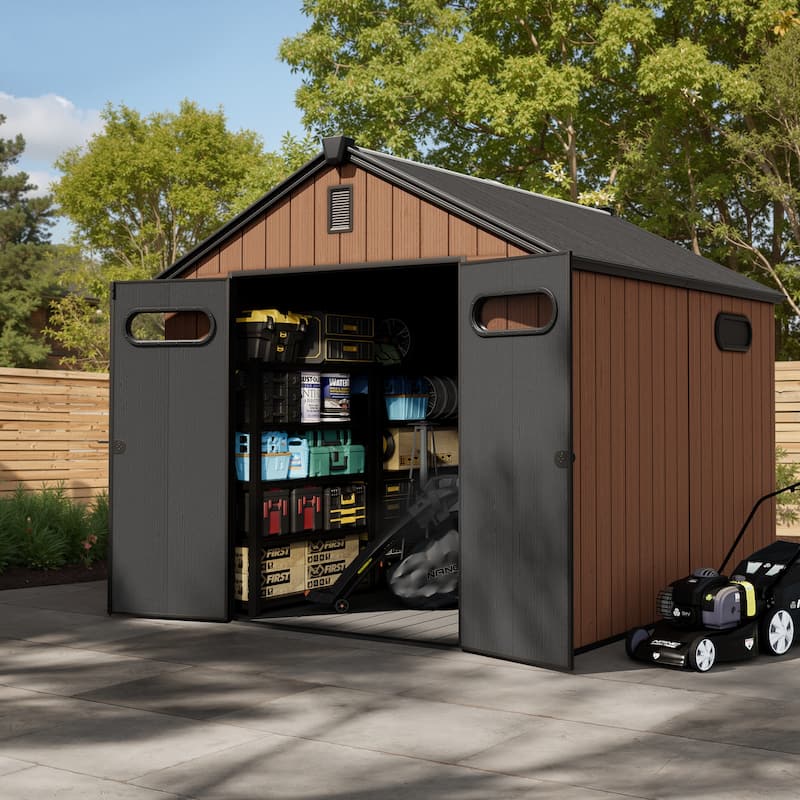 8' x 8' / 8' x 10'/ 8' x 12' Outdoor Resin Storage Shed with Lockable Doors and Air Vents for Garden