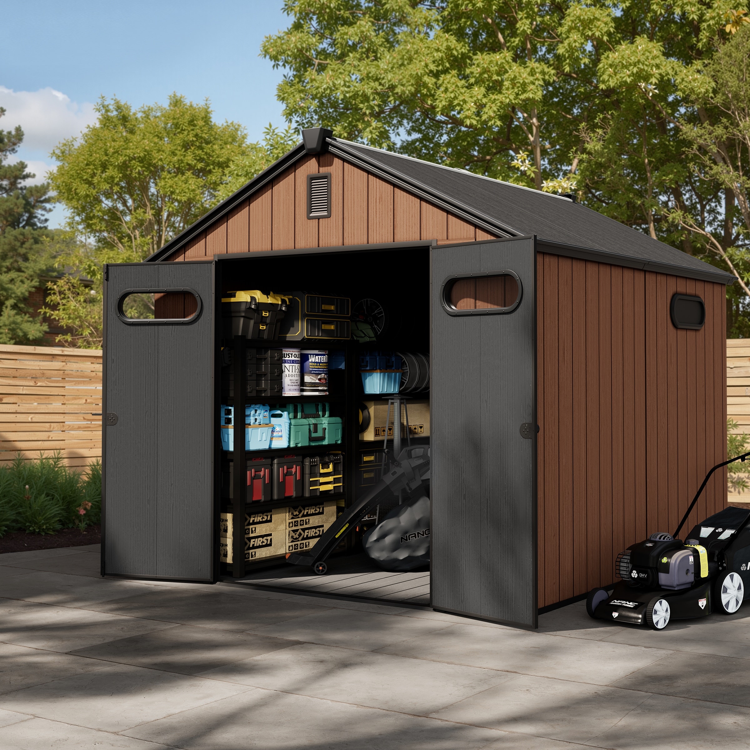 8' x 8' / 8' x 10'/ 8' x 12' Outdoor All-weather Rust-Resistant Resin Storage Garden Shed with Floor, Doors, Skylight & Vent