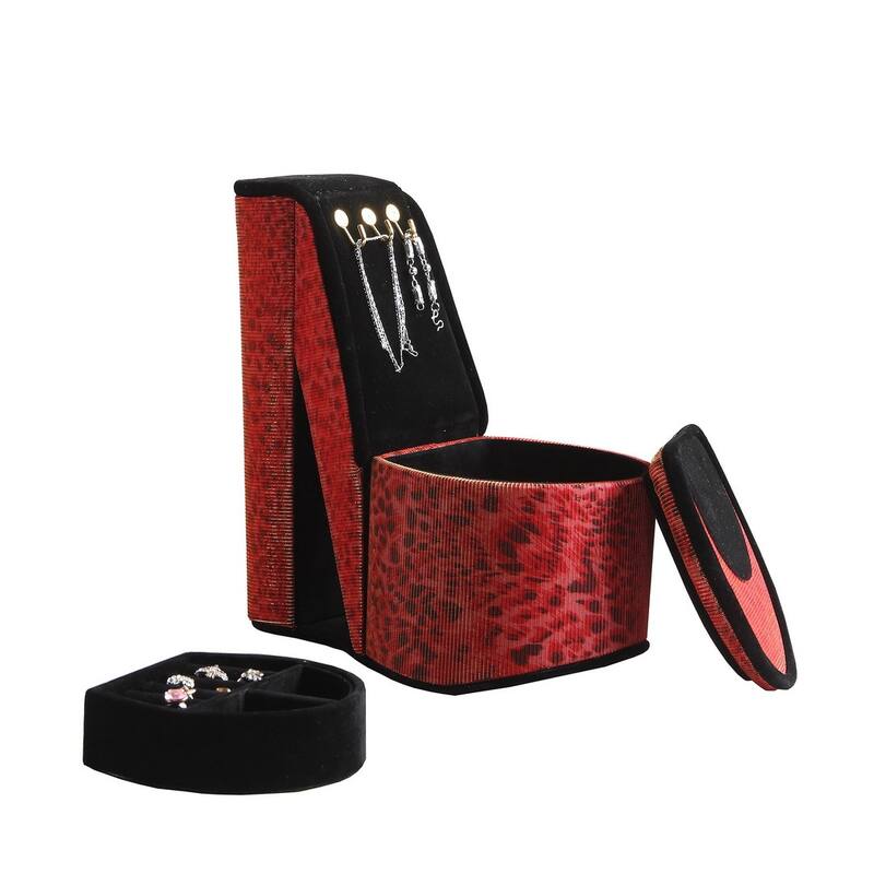 9" Tall Display Jewelry Box with Hooks, High Heel Shoe Design, Leopard Print - Multicolor