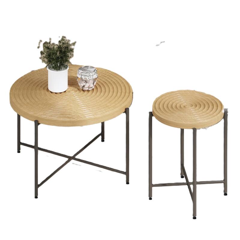 2-Piece Coffee and End Table Set - Waterproof MDF with PVC Cover, Distressed Cylindrical Design