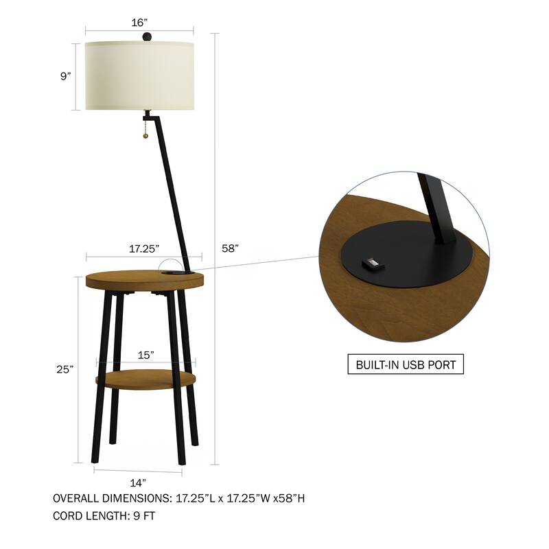 58-Inch Floor Lamp End Table - Modern Rustic Side Table with Drum Shaped Shade by Lavish Home - 58"