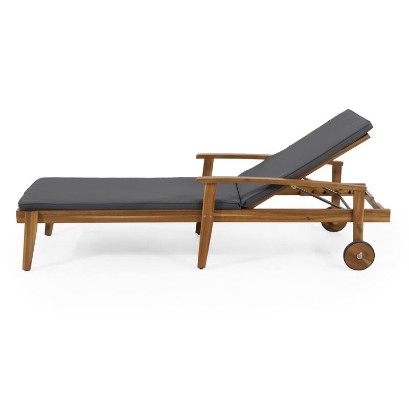 Roomfitters Jason Acacia Wood Outdoor Chaise Lounge with Cushion, Adjustable Recline