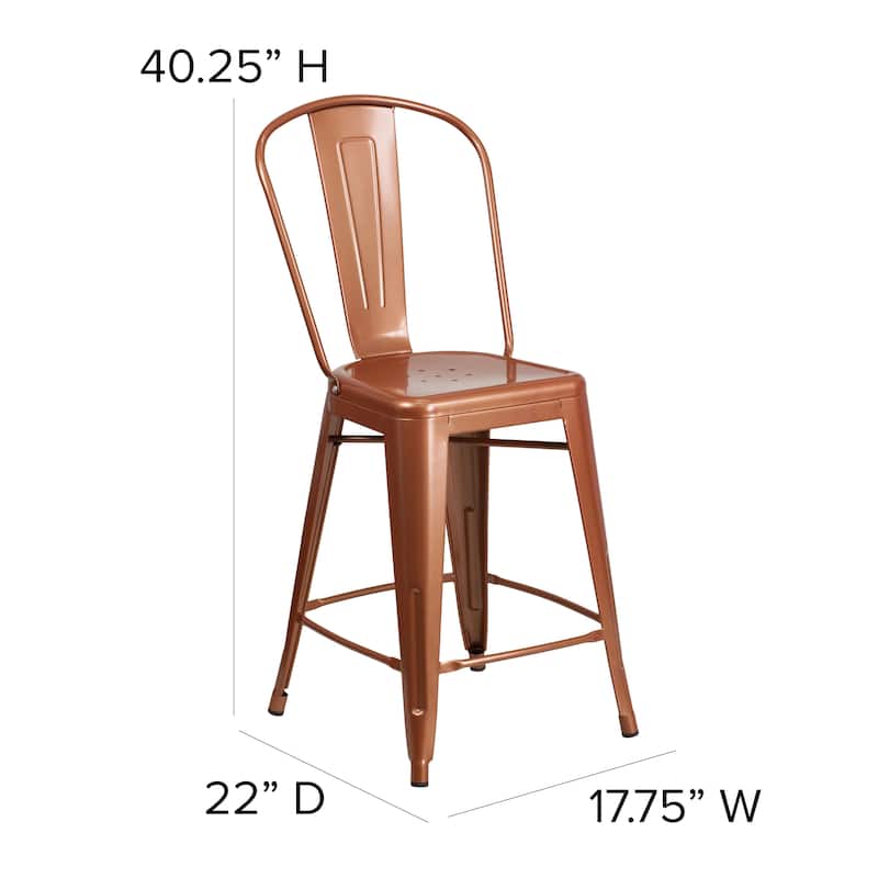 24'' High Metal Indoor-Outdoor Counter Height Stool with Back - 17.75"W x 22"D x 40.25"H