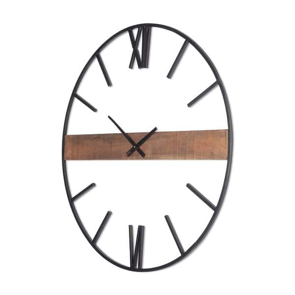 slide 2 of 8, Roman Black Metal and Brown Wood 36" Round Wall Clock - 36"W x 36"H x 2"D