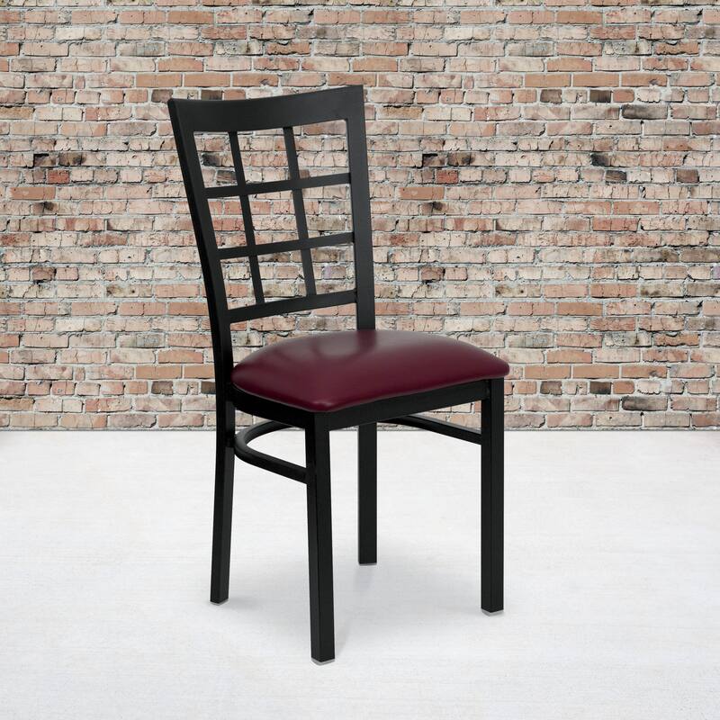 Window Back Metal Restaurant Chair - 16.75"W x 20"D x 36.5"H - 16.75"W x 20"D x 36.5"H - burgundy vinyl seat/black metal frame