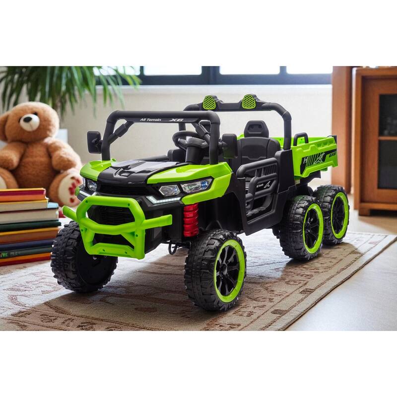 24V 2-Seater Kids Ride On Dump Truck with Remote, 4WD 6-Wheel UTV Car with Electric Dump Bed, LED Lights & Music - Green