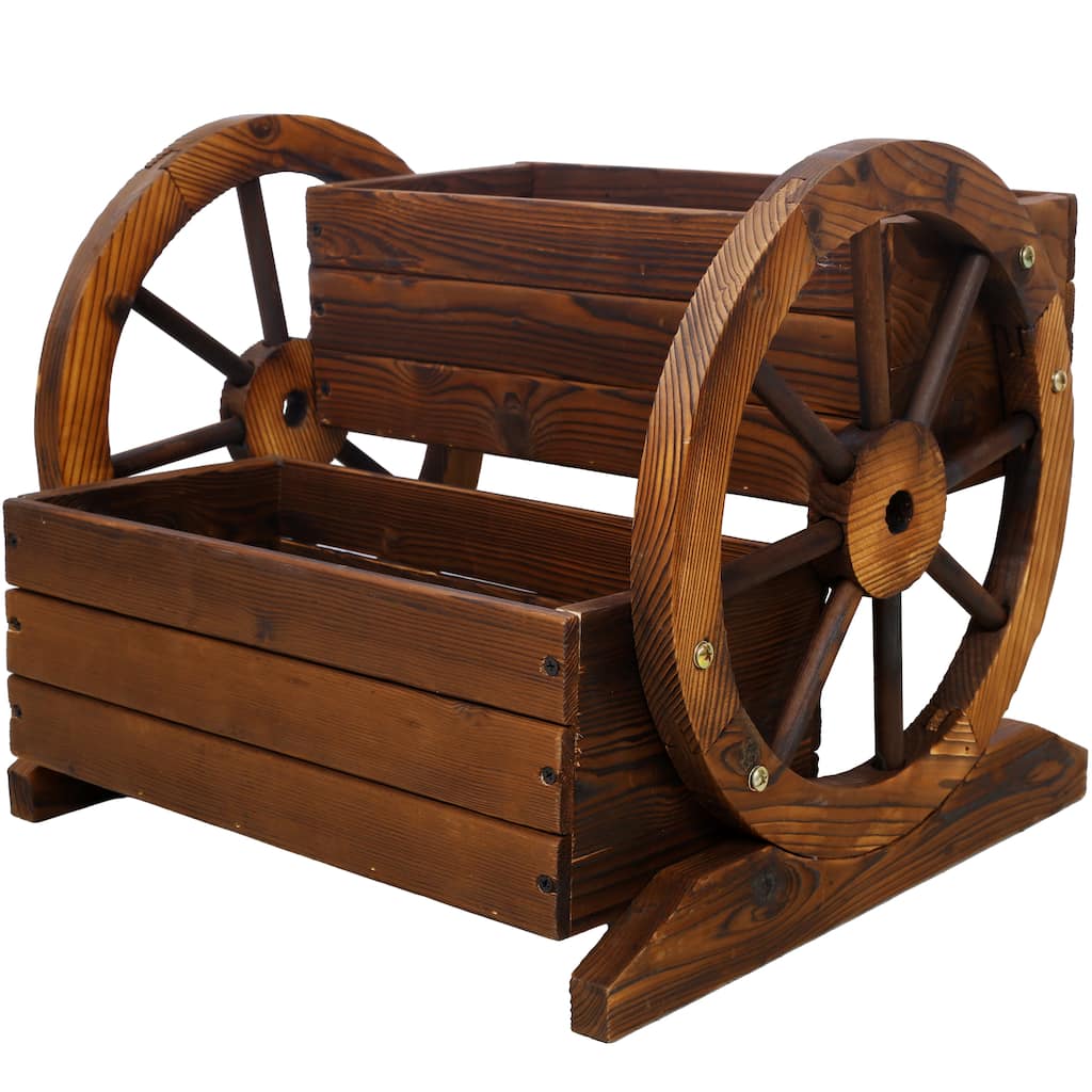Wooden Wagon Planter Box, Garden Planter with Wheels,Decorative Planter for Flowers Herbs Vegetables for Indoor & Outdoor