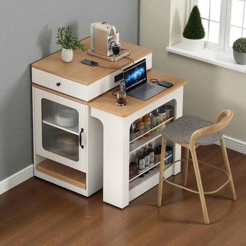 59.5" Kitchen Island with Extendable Table, Double-Sided Storage, Power Outlet, Drawers and Shelves