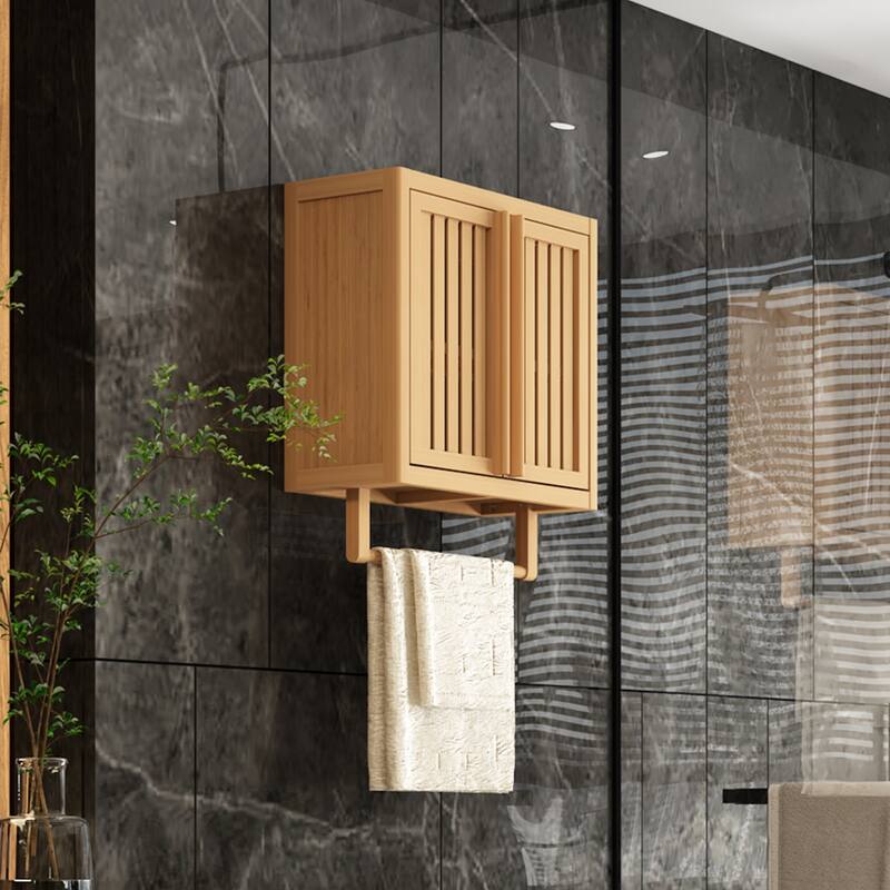 22" Tall Wood 2-door Bathroom Wall Mounted Toilet Storage box in Neutral with Shelf