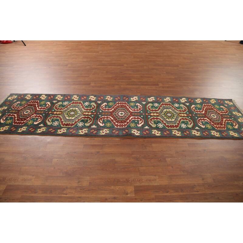Green Geometric Kazak Indian Runner Rug Handmade Wool Carpet - 2'5"x 9'10"