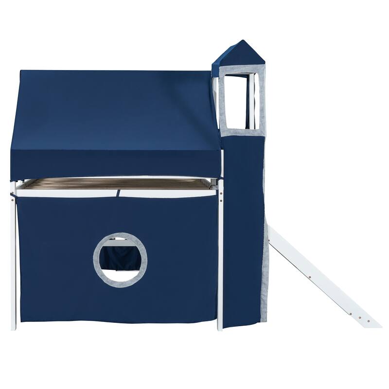 Full Size Loft Bed with Tent and Tower - Blue