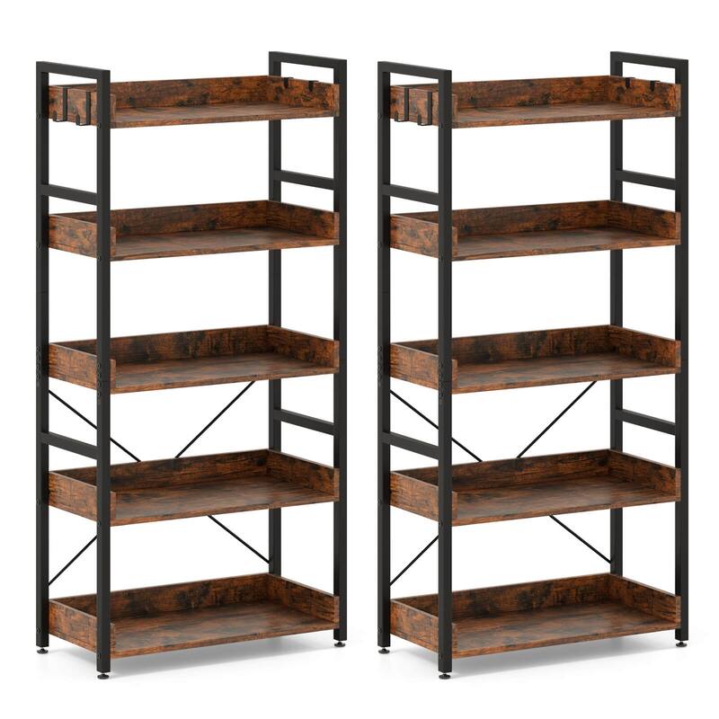 Costway 1/2 PCS 5-Tier Storage Rack with 4 Hooks Open Display Shelves - 2 PCS