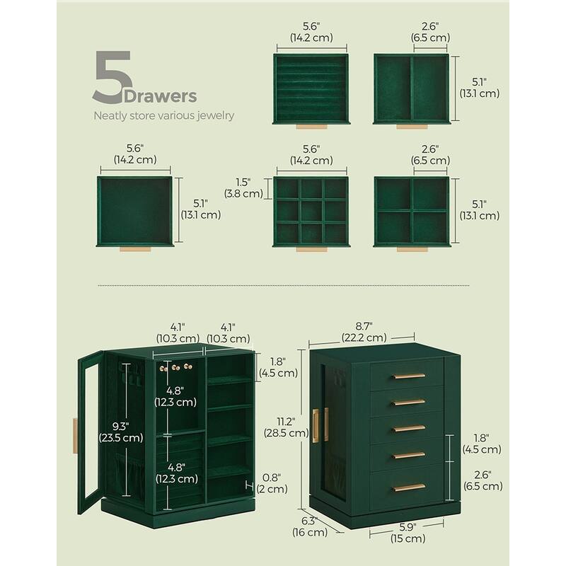 360 Degree MDF Rotating Jewlery Box with 5 Drawers and Metal Handles Perfect for Birthday or Anniversary