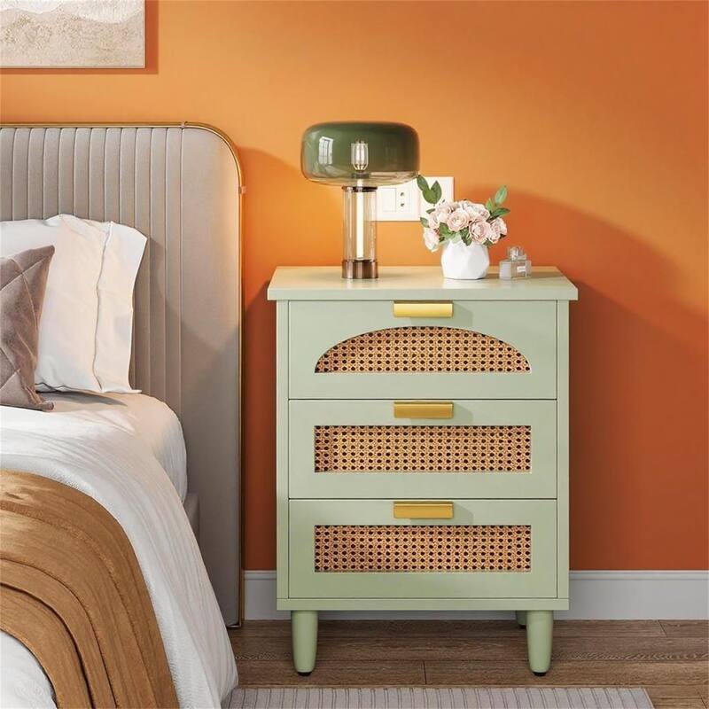 Mint Green & Rattan Nightstand with 3 Drawers