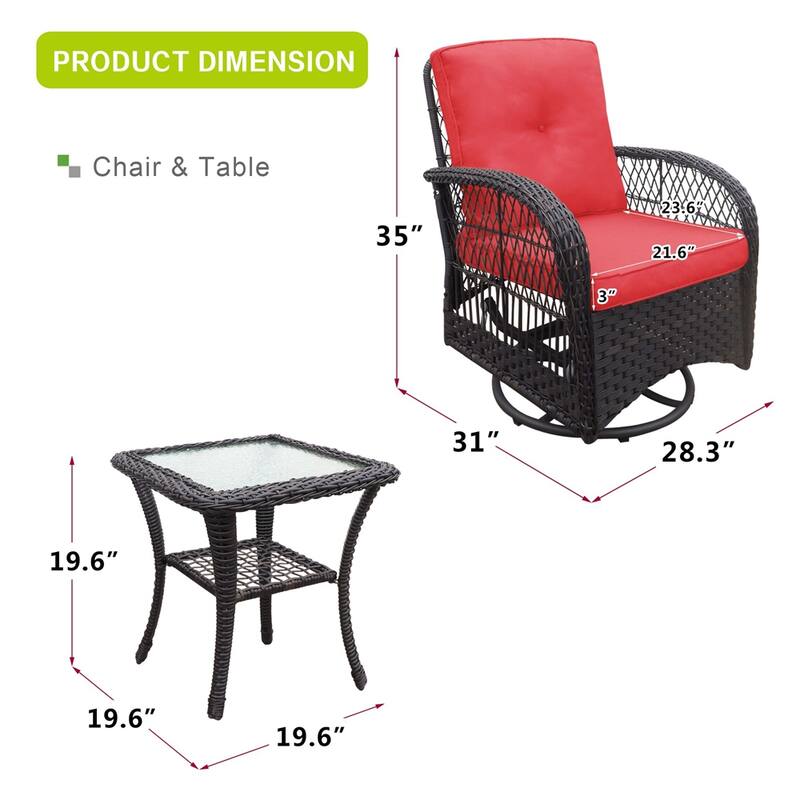 360-Degree Patio Wicker Swivel Rocker Chairs Set,w/Cushions and Table - Red