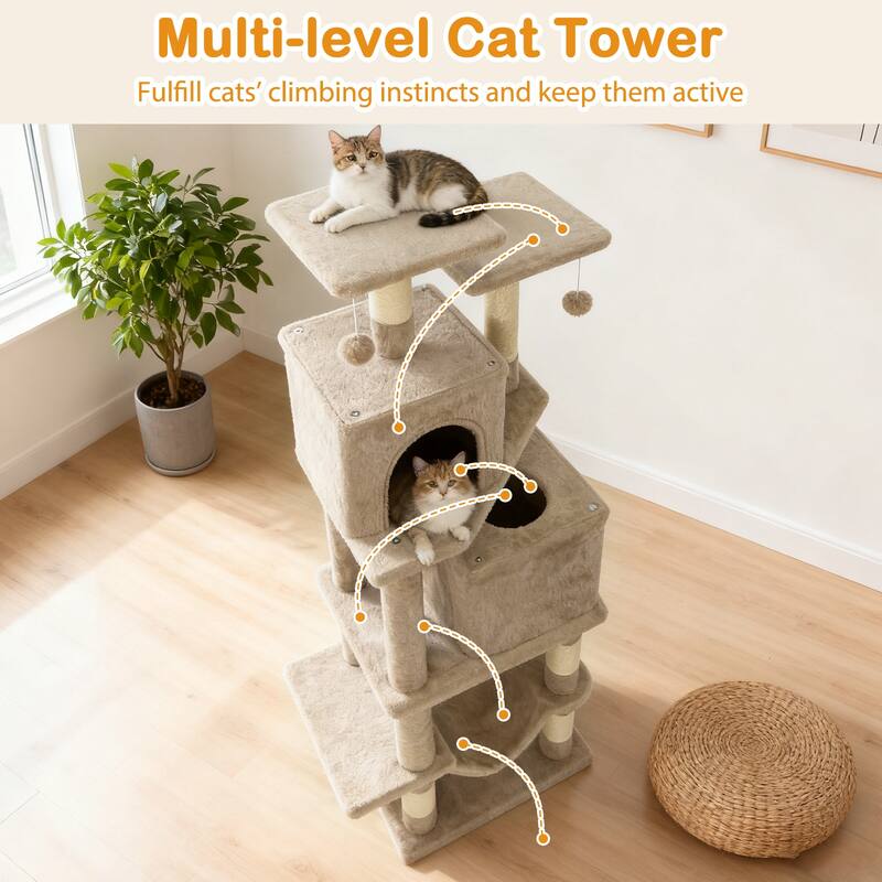Gymax 57'' Cat Tree for Indoor Cats w/Dual Condos Hammock Sisal