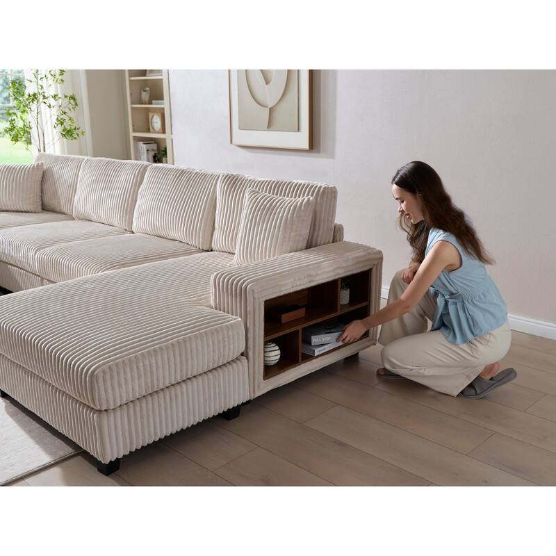 Modular Sectional Sofa with Dual Chaise Lounges, Corduroy Cloud Sofa with Armrest Storage Rack, Convertible 4-Seat Sleeper Sofa