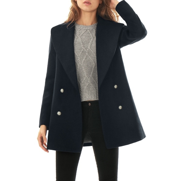 Women Notch Lapel Seam Pockets Double Breasted Worsted Coat - Blue