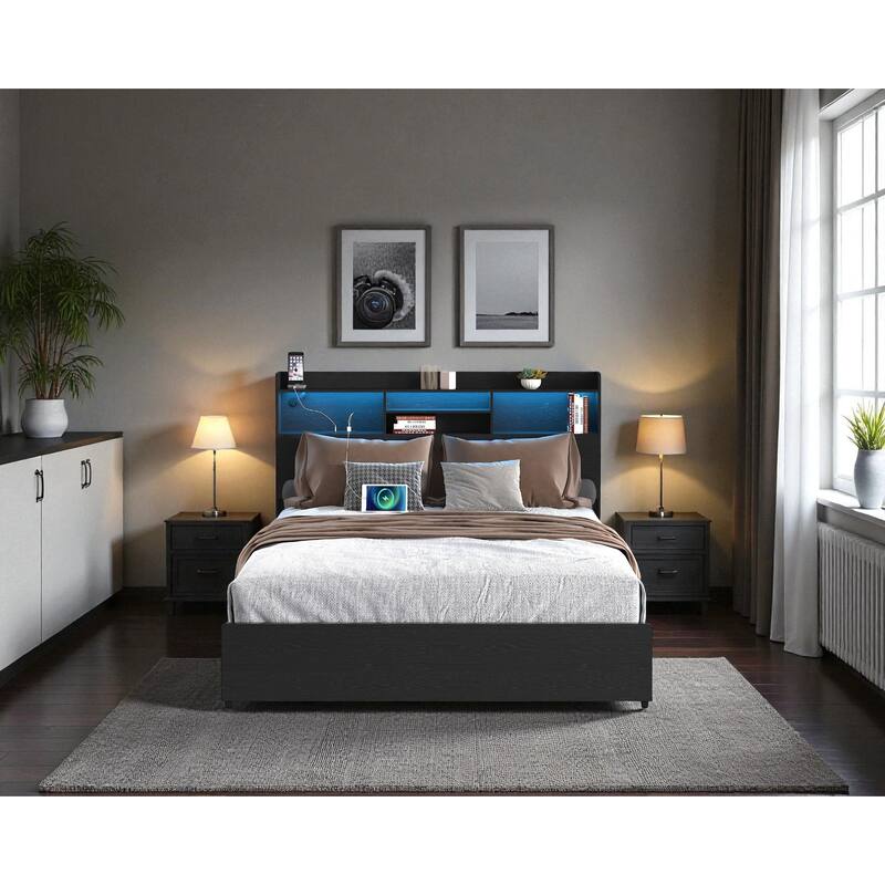 Bed Frame with 4 Storage Drawers, LED Headboard Shelf, Charging Station, No Noise Metal Platform Bed No Box Spring Needed - Black - Full
