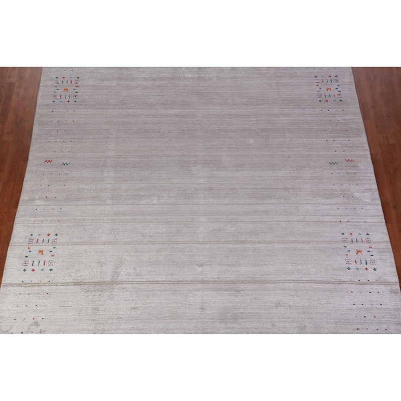 Hand Knotted Oriental 100% Wool Carpet Tribal Stripe Greys & Charcoal Gabbeh Area Rug - 12' 5'' X 9' 2''