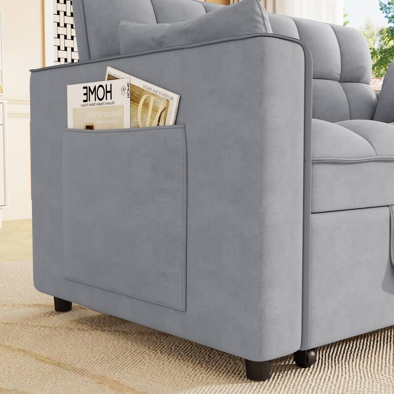 Anmytek Modern Velvet Small Loveseat Pull Out Sleeper Sofa Bed with Pillows and Side Pockets