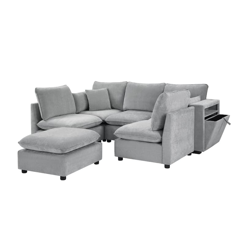 Smooth Chenille Sectional Sofa U-Shaped Modular Sofa Bed L-Shaped Couch with Movable Ottoman, Storage Armrests and USB Ports