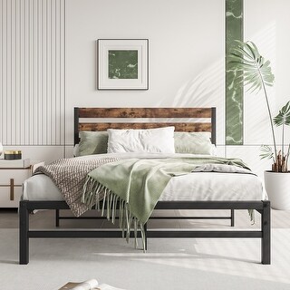 Full Size Rustic Platform Bed Frame with Vintage Wood Headboard and ...